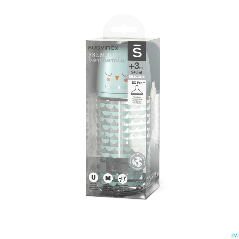 Suavinex bonhomia bottleglas sili.feath.green240ml