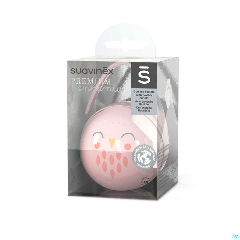 Suavinex bonhomia duo soother holder owl pink