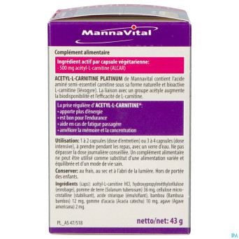 Mannavital acetyl l-carnitine platinum   v-caps 60