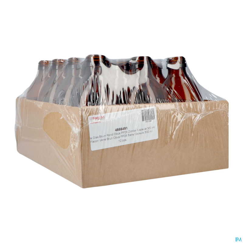 Flacon verre brun obus pp28 s/capsule 300ml    12