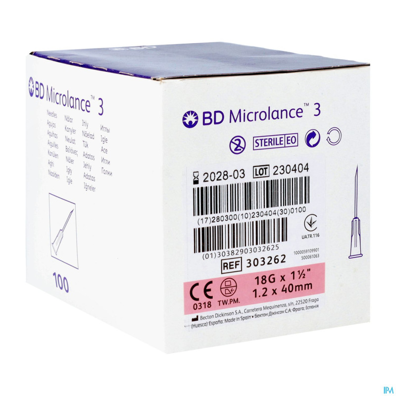 Bd microlance 3 aig.hypod.18g 1 1/2"40mm ivoire100