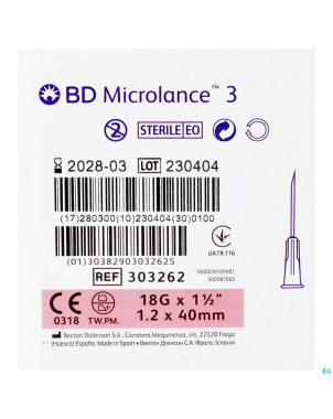 Bd microlance 3 aig.hypod.18g 1 1/2"40mm ivoire100