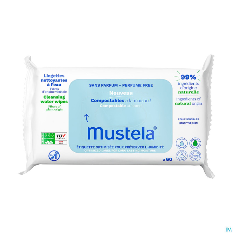 Mustela lingettes nettoyantes eau s/parfum    60