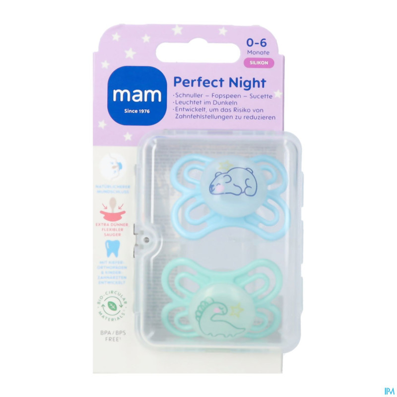 Mam perfect night sucette silicone pure 0-6m bleu2