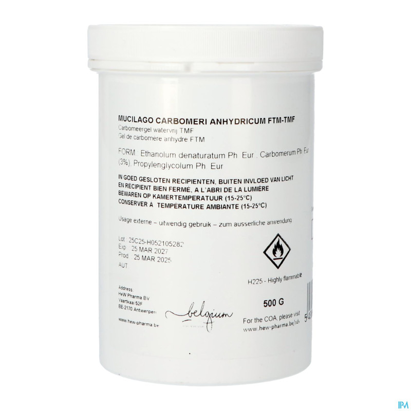 Gel carbomere anhydre ftm 500g hew pharma