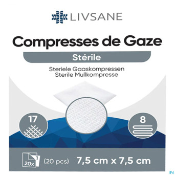 Livsane compresses steriles 8pl 7,5x7,5cm 20