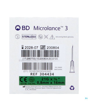 Bd microlance 3 aig.21g 5/8 rb 0,8x16mm vert   100