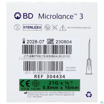 Bd microlance 3 aig.21g 5/8 rb 0,8x16mm vert   100