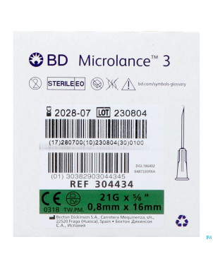 Bd microlance 3 aig.21g 5/8 rb 0,8x16mm vert   100